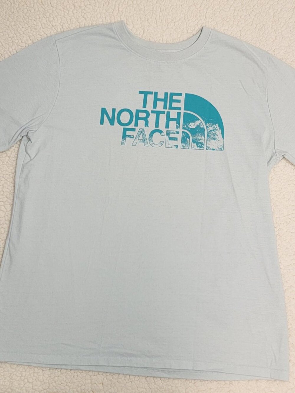The North Face Logo Play Tee Womens Large L Blue Teal Short Sleeve Graphic Shirt